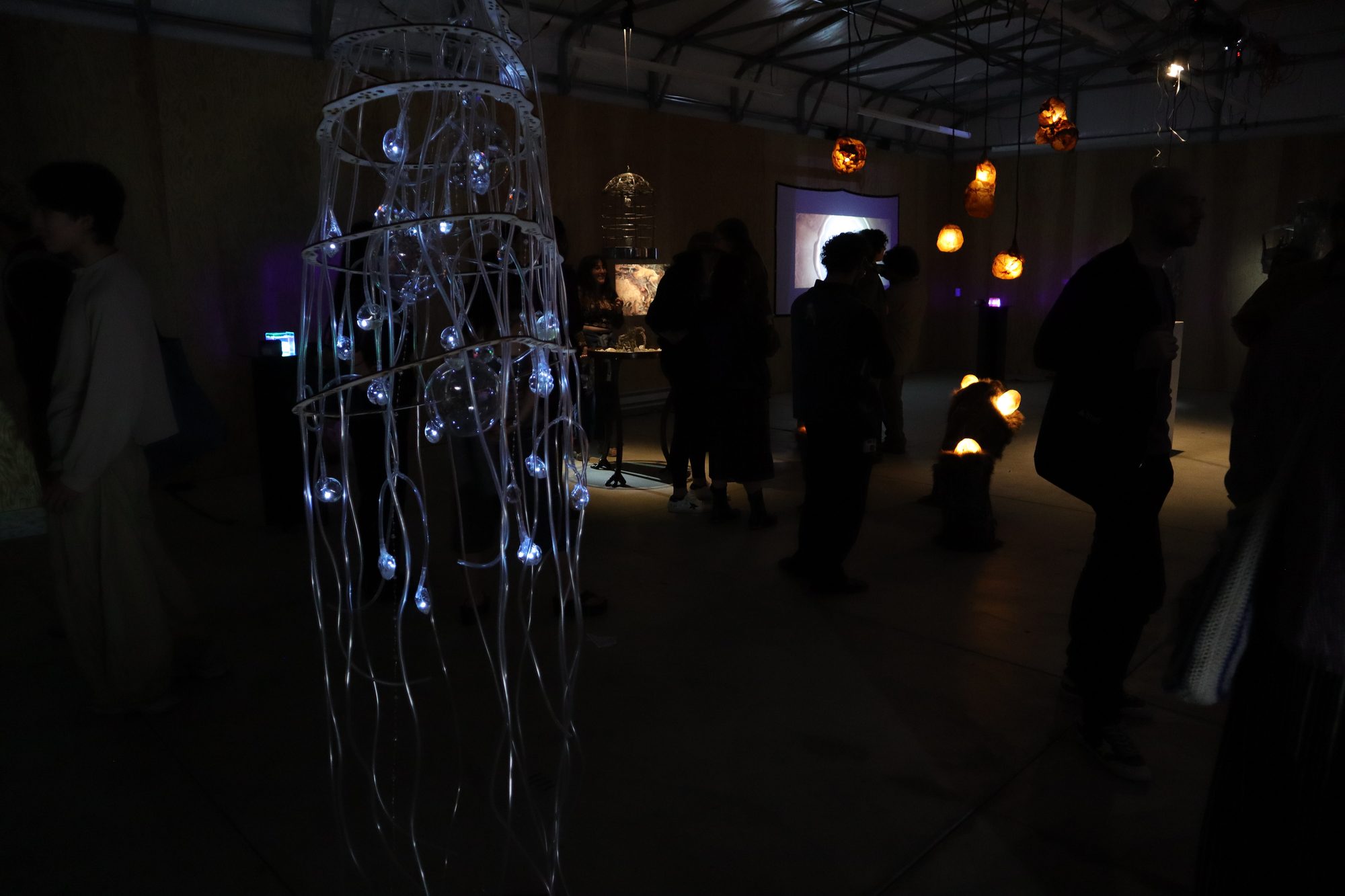 A tall hanging sculpture of fine translucent strands lit with small points of light, visitors beyond it in the dark.